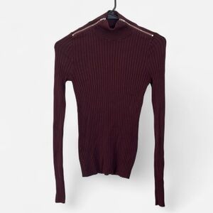 Express Burgundy Ribbed Turtleneck Sweater with Zipper Design, Size XS